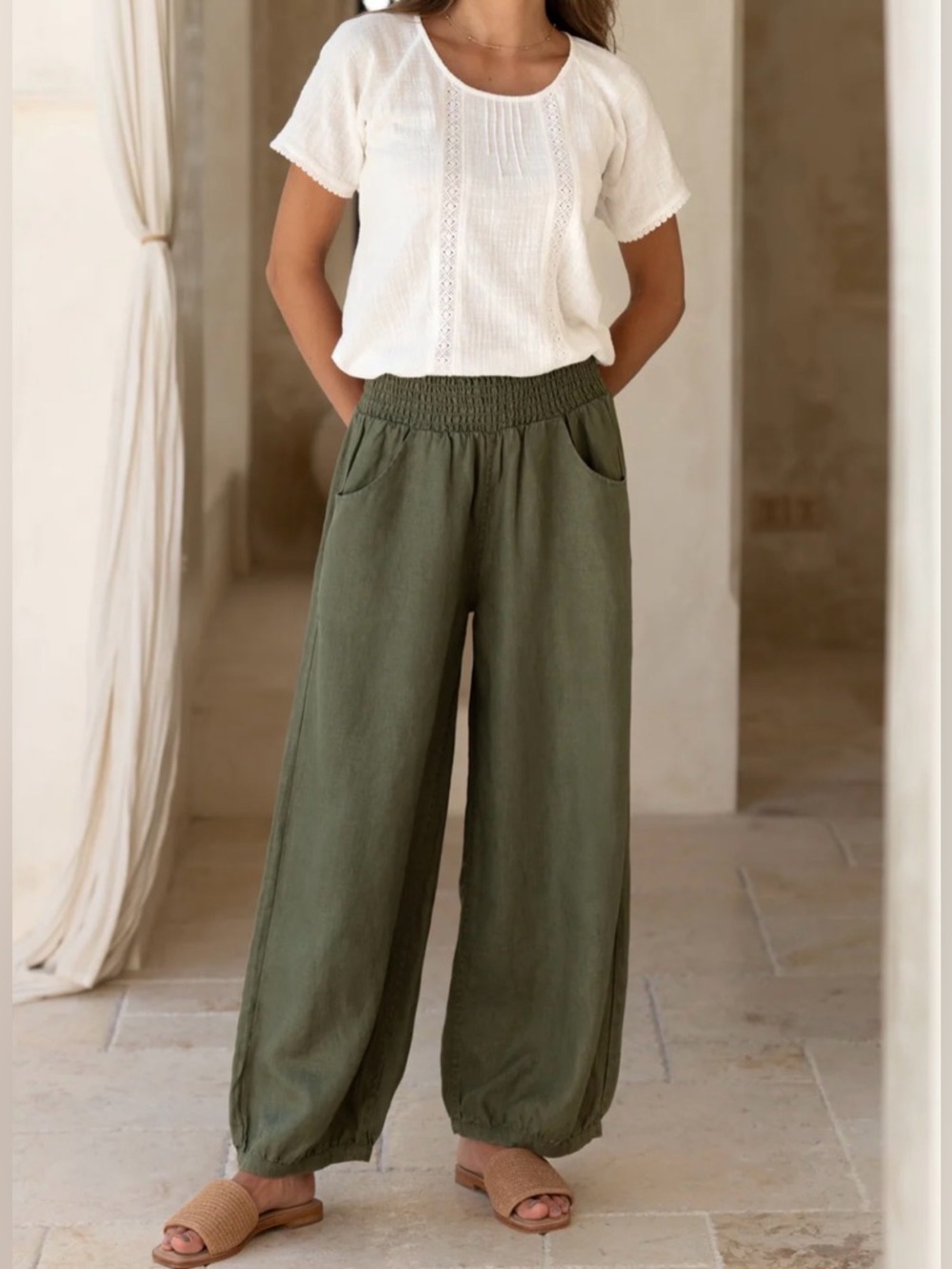 NEW NWT nomad the label sadhu french linen pants small olive green flowy comfy